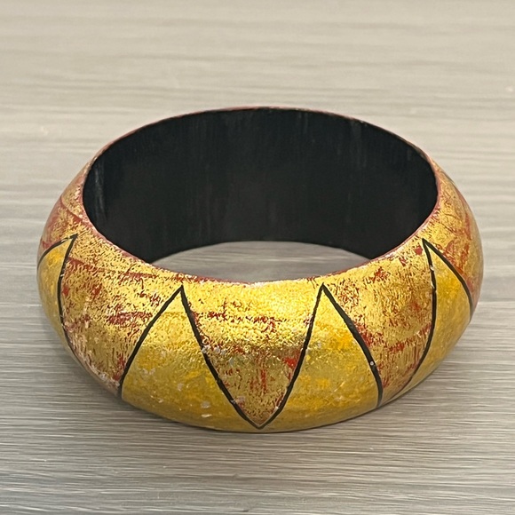 Wood Bangle Bracelet with Gold and Red Zigzag Painted Design, Boho - Picture 2 of 5
